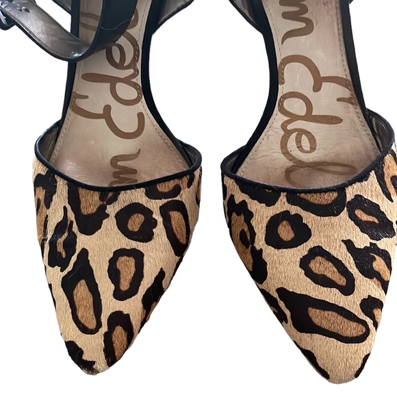 Sam Edelman Pointed Toe Cheetah Okala Animal Print Calf Hair Ankle Strap Heels - Picture 2 of 8